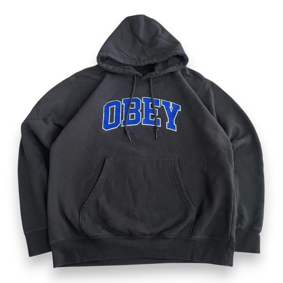Obey Collegiate Logo Hoodie Black w/ Blue Print (Size Large) - Picture 1 of 7